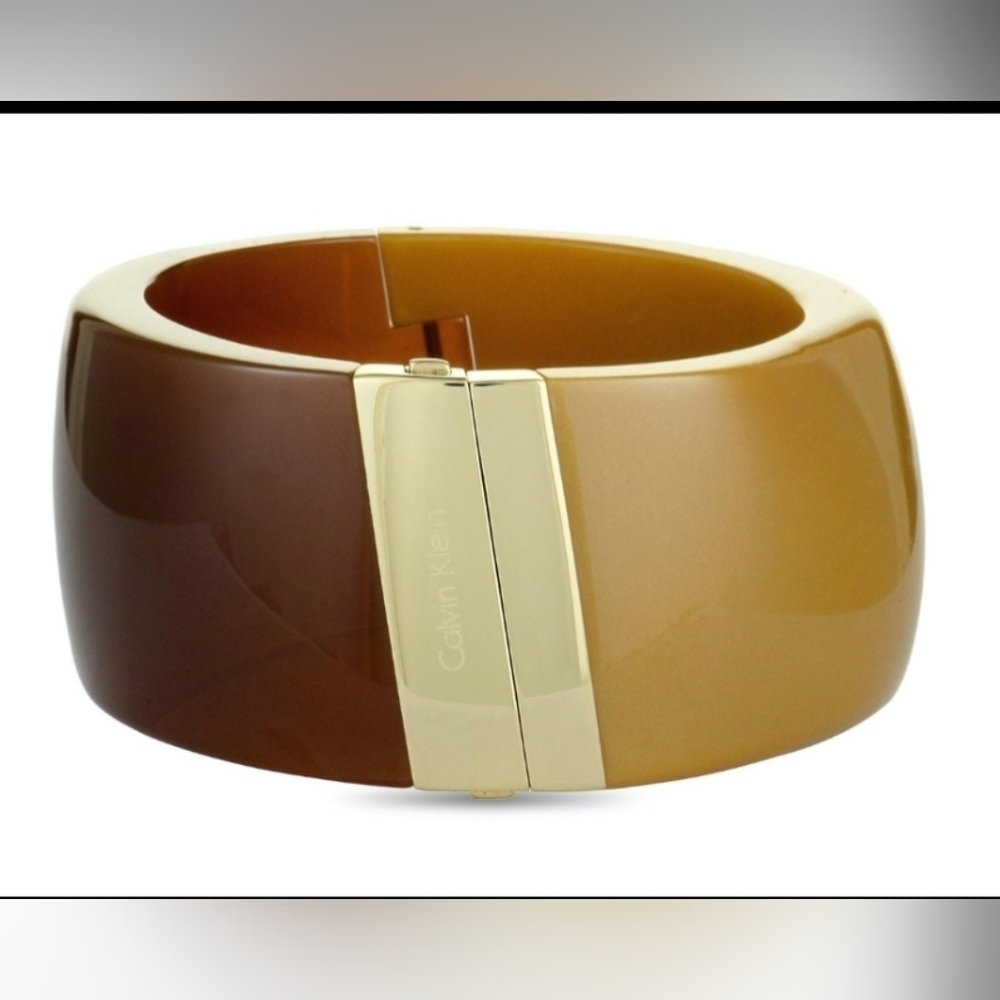 Bracelet Bangle Wide 18K Plated Clasp Brown Gold Retro '80s Style Jewelry - Picture 6 of 8